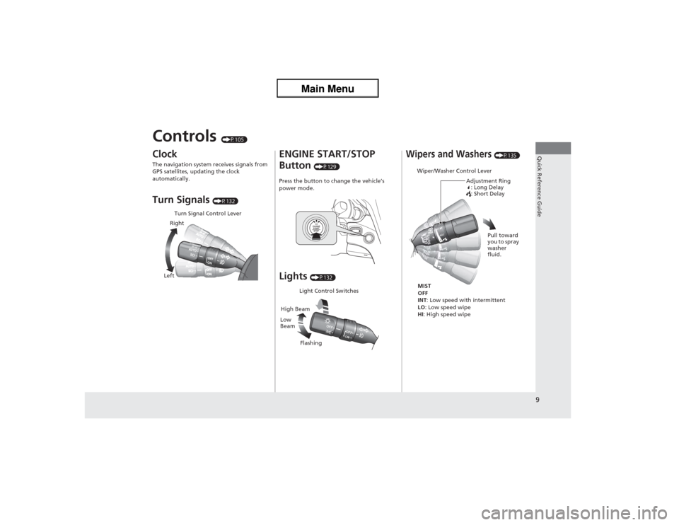 Acura ZDX 2013 Owners Manual 9Quick Reference Guide
Controls
(P105)
Clock The navigation system receives signals from
GPS satellites, updating the clock
automatically.Turn Signals
(P132)
LeftRightTurn Signal Control Lever
ENG Acura ZDX 2013 Owners Manual 9Quick Reference Guide
Controls
(P105)
Clock The navigation system receives signals from
GPS satellites, updating the clock
automatically.Turn Signals
(P132)
LeftRightTurn Signal Control Lever
ENG