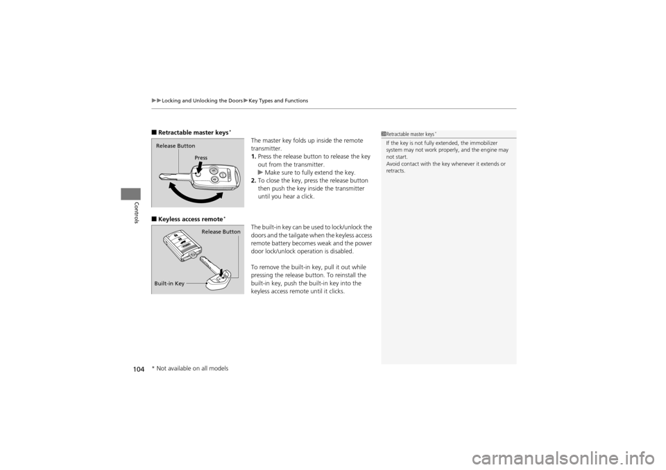 Acura ZDX 2012  Owners Manual uuLocking and Unlocking the Doors uKey Types and Functions
104
Controls
■Retractable master keys*
The master key folds up inside the remote 
transmitter.
1. Press the release button  to release the 