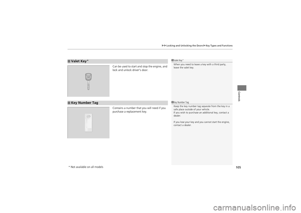 Acura ZDX 2012 Owners Guide 105
uuLocking and Unlocking the Doors uKey Types and Functions
Controls
Can be used to start and stop the engine, and
lock and unlock driver’s door.
Contains a number that you will need if you
pur Acura ZDX 2012 Owners Guide 105
uuLocking and Unlocking the Doors uKey Types and Functions
Controls
Can be used to start and stop the engine, and
lock and unlock driver’s door.
Contains a number that you will need if you
pur