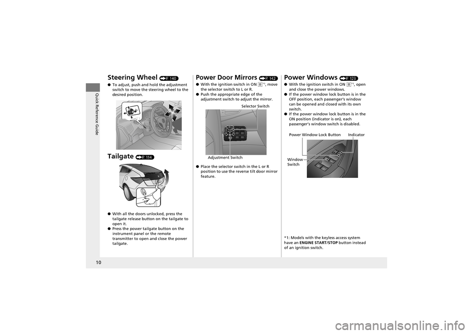 Acura ZDX 2012 User Guide 10
Quick Reference Guide
Steering Wheel (P 140)
● To adjust, push and hold the adjustment 
switch to move the steering wheel to the 
desired position.
Tailgate (P 114)
● With all the doors unlocke