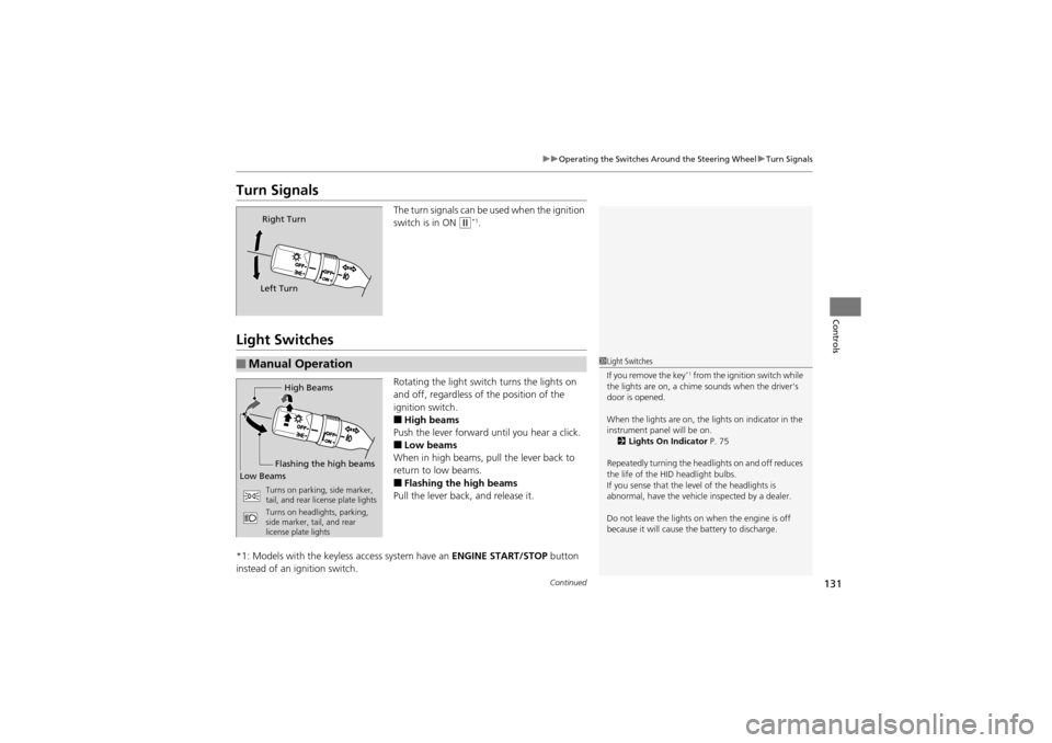 Acura ZDX 2012  Owners Manual 131
uuOperating the Switches Around the Steering Wheel uTurn Signals
Continued
Controls
Turn Signals
The turn signals can be used when the ignition 
switch is in ON 
w*1.
Light Switches
Rotating the l