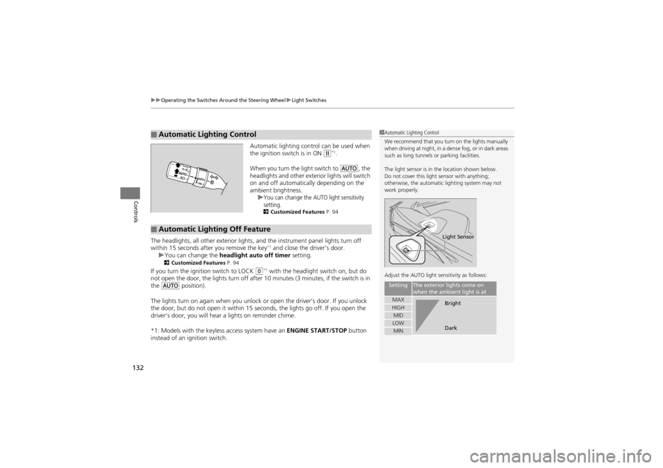 Acura ZDX 2012 Service Manual uuOperating the Switches Around the Steering Wheel uLight Switches
132
Controls
Automatic lighting control can be used when
the ignition switch is in ON w*1.
When you turn the light switch to
Y, th Acura ZDX 2012 Service Manual uuOperating the Switches Around the Steering Wheel uLight Switches
132
Controls
Automatic lighting control can be used when
the ignition switch is in ON w*1.
When you turn the light switch to
Y, th