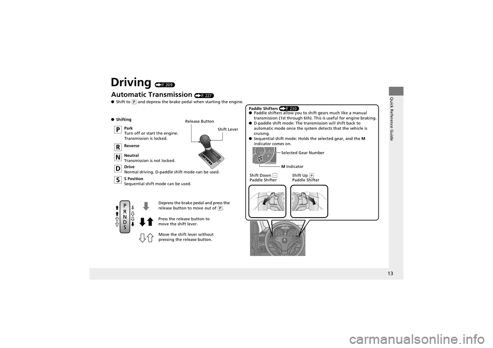 Acura ZDX 2012 Owners Manual 13
Quick Reference Guide
Driving (P 209)
Release ButtonShift Lever
Depress the brake pedal and press the
release button to move out of
P.
Move the shift lever without
pressing the release button.
P Acura ZDX 2012 Owners Manual 13
Quick Reference Guide
Driving (P 209)
Release ButtonShift Lever
Depress the brake pedal and press the
release button to move out of
P.
Move the shift lever without
pressing the release button.
P
