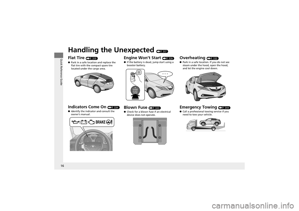 Acura ZDX 2012  Owners Manual 16
Quick Reference Guide
Handling the Unexpected (P 317)
Flat Tire (P 319)
● Park in a safe location and replace the 
flat tire with the  compact spare tire 
located under the cargo area.
Indicators