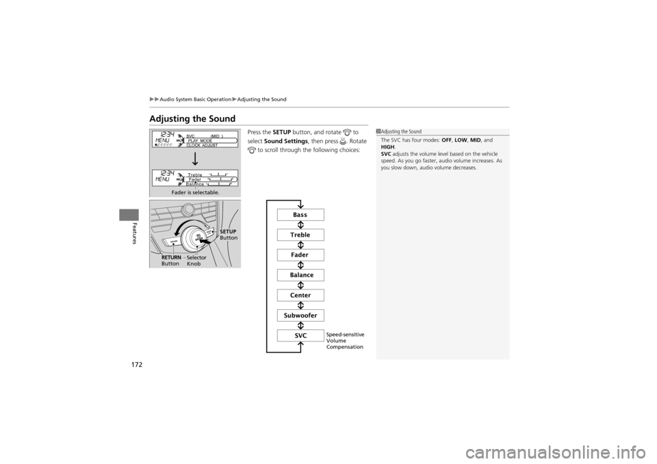 Acura ZDX 2012  Owners Manual 172
uuAudio System Basic Operation uAdjusting the Sound
Features
Adjusting the Sound
Press the SETUP button, and rotate   to 
select  Sound Settings , then press  . Rotate 
 to scroll through the foll