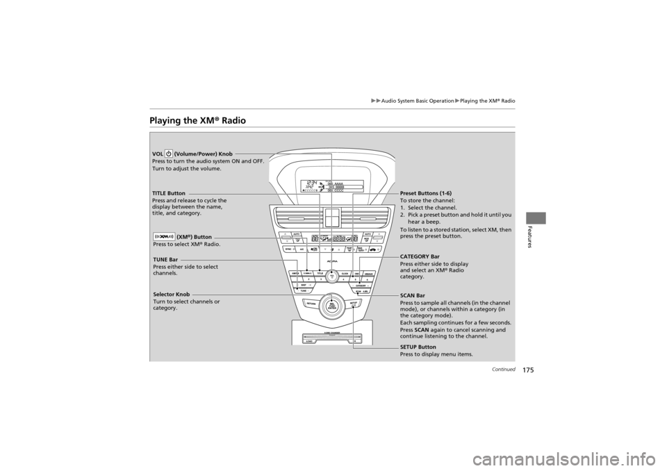 Acura ZDX 2012 User Guide 175
uuAudio System Basic Operation uPlaying the XM ® Radio
Continued
Features
Playing the XM ® Radio
CATEGORY Bar
Press either side to display
and select an XM ® Radio
category.
VOL (Volume/Powe Acura ZDX 2012 User Guide 175
uuAudio System Basic Operation uPlaying the XM ® Radio
Continued
Features
Playing the XM ® Radio
CATEGORY Bar
Press either side to display
and select an XM ® Radio
category.
VOL (Volume/Powe