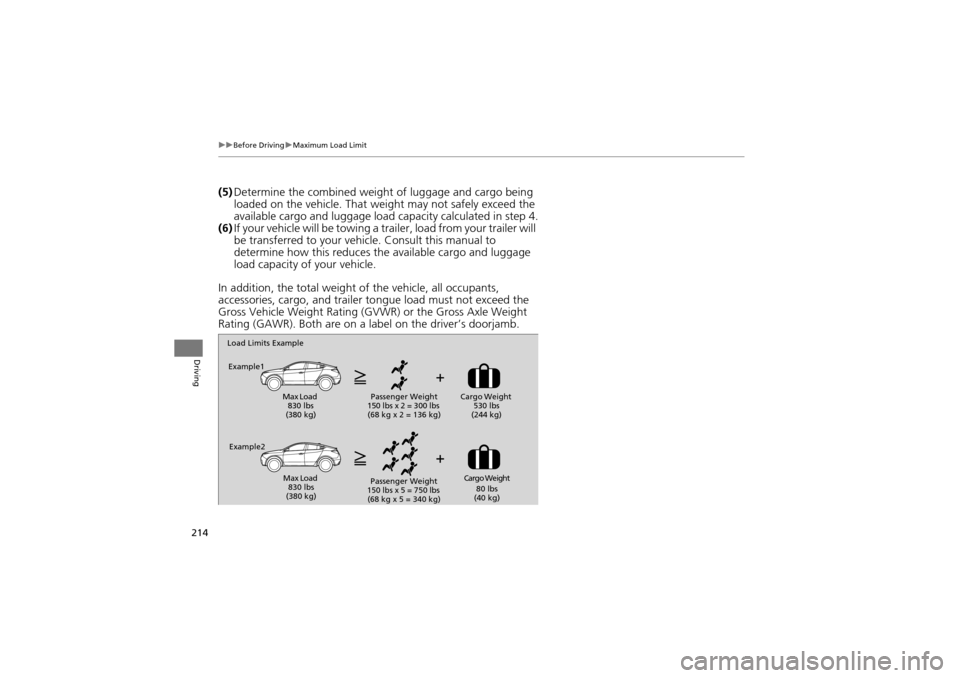 Acura ZDX 2012  Owners Manual 214
uuBefore Driving uMaximum Load Limit
Driving
(5) Determine the combined weight of luggage and cargo being 
loaded on the vehicle. That we ight may not safely exceed the 
available cargo and luggag