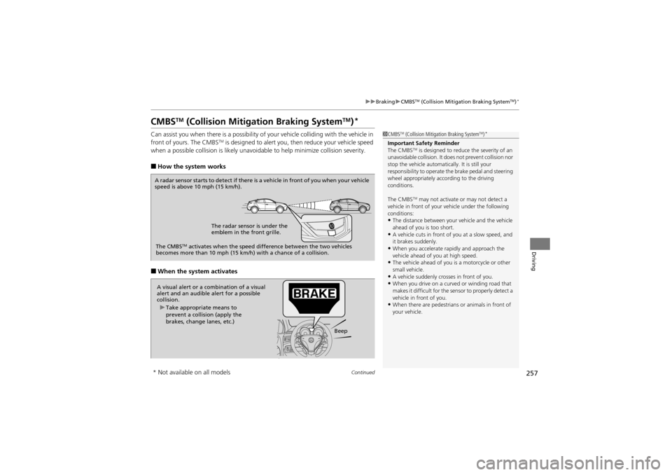 Acura ZDX 2012  Owners Manual 257
uuBraking uCMBSTM (Collision Mitigation Braking SystemTM)*
Continued
Driving
CMBSTM (Collision Mitigation Braking SystemTM)*
Can assist you when there is a possibility of your vehicle colliding wi