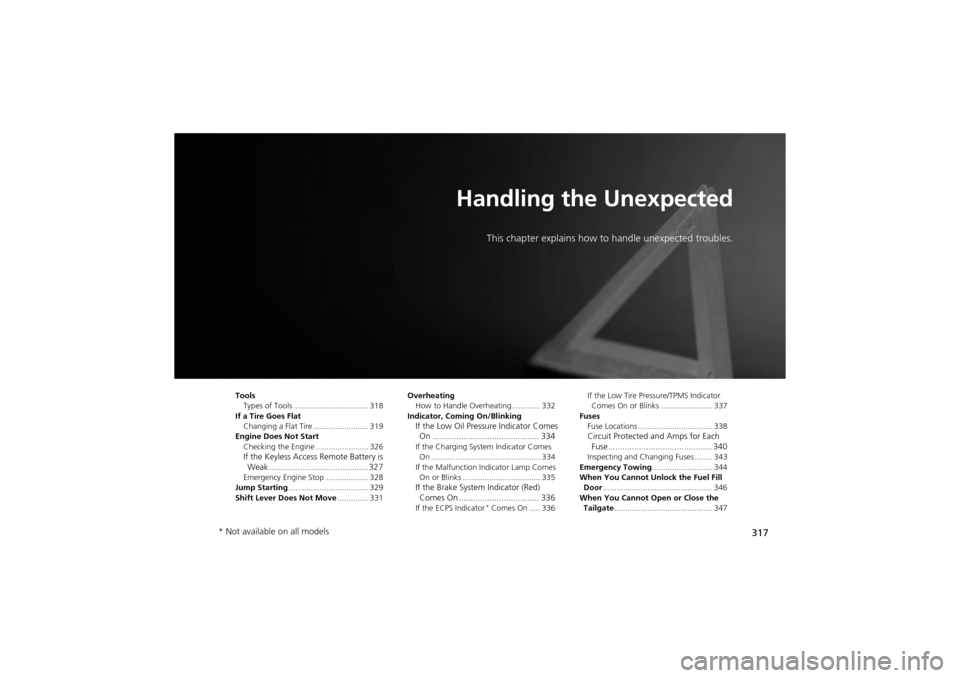 Acura ZDX 2012 Owners Guide 317
Handling the Unexpected
This chapter explains how to handle unexpected troubles.
Tools
Types of Tools .................................. 318
If a Tire Goes Flat Changing a Flat Tire .............. Acura ZDX 2012 Owners Guide 317
Handling the Unexpected
This chapter explains how to handle unexpected troubles.
Tools
Types of Tools .................................. 318
If a Tire Goes Flat Changing a Flat Tire ..............