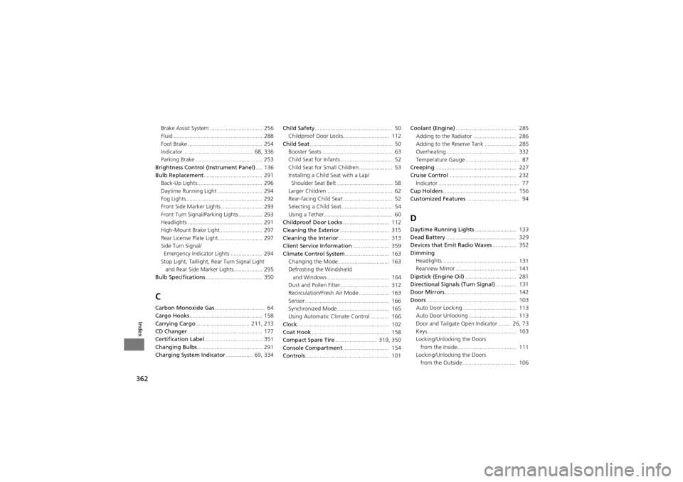 Acura ZDX 2012  Owners Manual 362
Index
Brake Assist System ................................. 256
Fluid ........................................................ 288
Foot Brake ............................................... 254
In