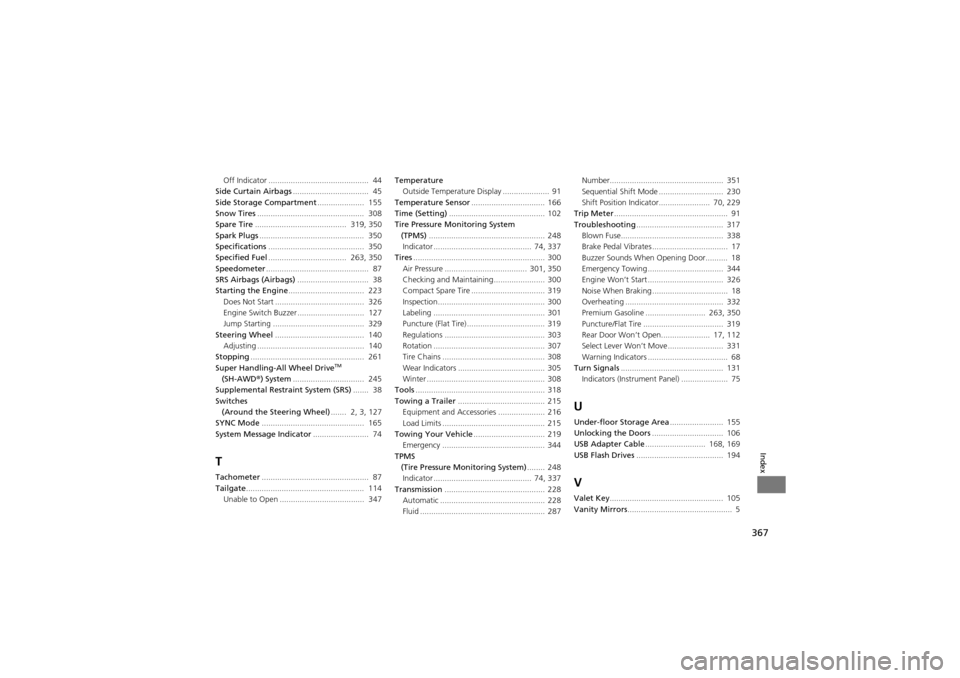 Acura ZDX 2012 User Guide 367
Index
Off Indicator .............................................  44
Side Curtain Airbags ..................................  45
Side Storage  Compartment .....................  155
Snow Tires ..