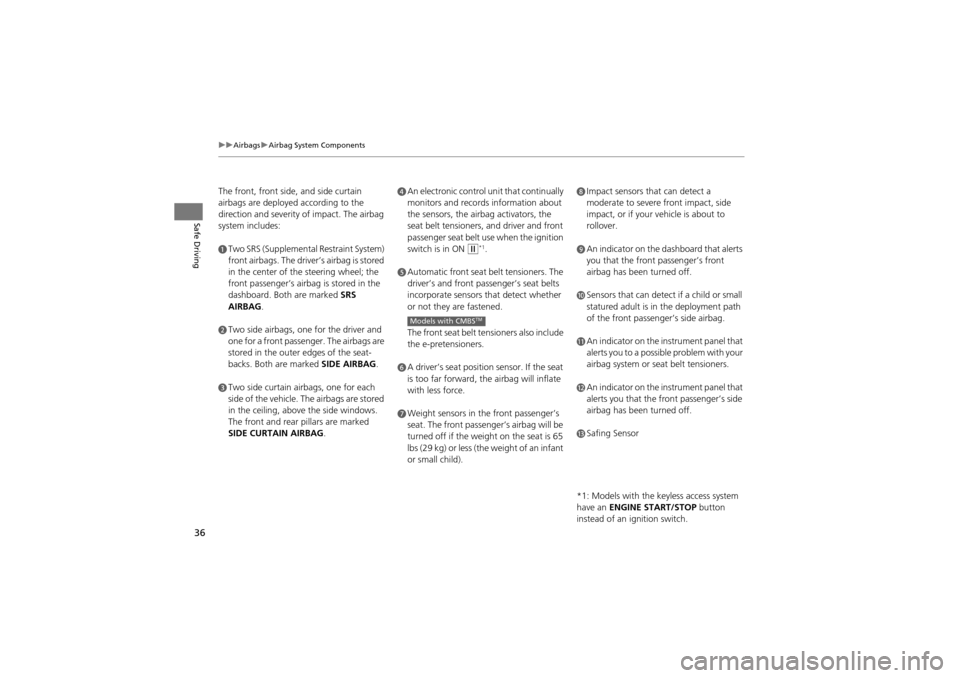 Acura ZDX 2012  Owners Manual 36
uuAirbags uAirbag System Components
Safe Driving
The front, front side, and side curtain 
airbags are deployed according to the 
direction and severity  of impact. The airbag 
system includes:
aTwo
