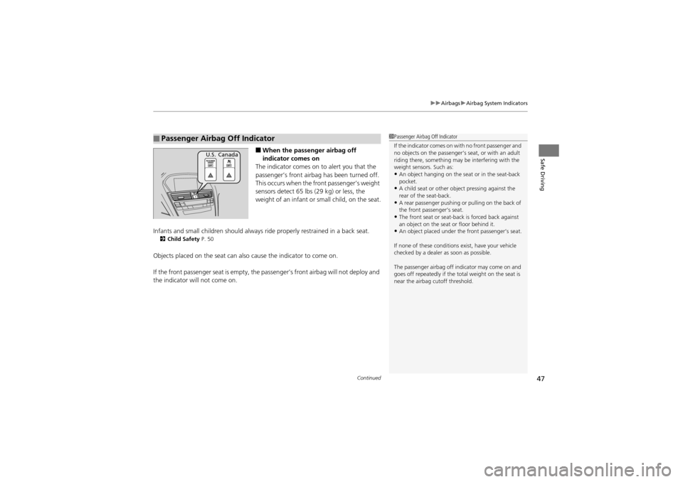 Acura ZDX 2012 Service Manual Continued47
uuAirbags uAirbag System Indicators
Safe Driving■When the passenger airbag off 
indicator comes on
The indicator comes on  to alert you that the 
passenger’s front airbag has been turn