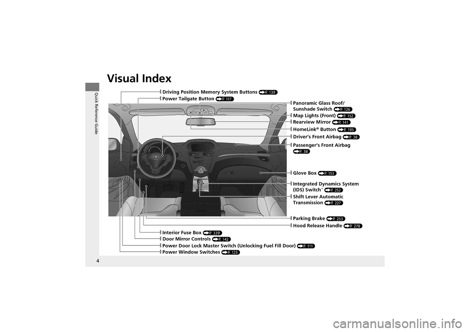 Acura ZDX 2012 Owners Manual Visual Index
4
Quick Reference Guide❙Driving Position Memory System Buttons (P 139)
❙Power Tailgate Button (P 117)
❙Glove Box (P 153)
❙Parking Brake (P 253)
❙Hood Release Handle (P 278)
❙P Acura ZDX 2012 Owners Manual Visual Index
4
Quick Reference Guide❙Driving Position Memory System Buttons (P 139)
❙Power Tailgate Button (P 117)
❙Glove Box (P 153)
❙Parking Brake (P 253)
❙Hood Release Handle (P 278)
❙P