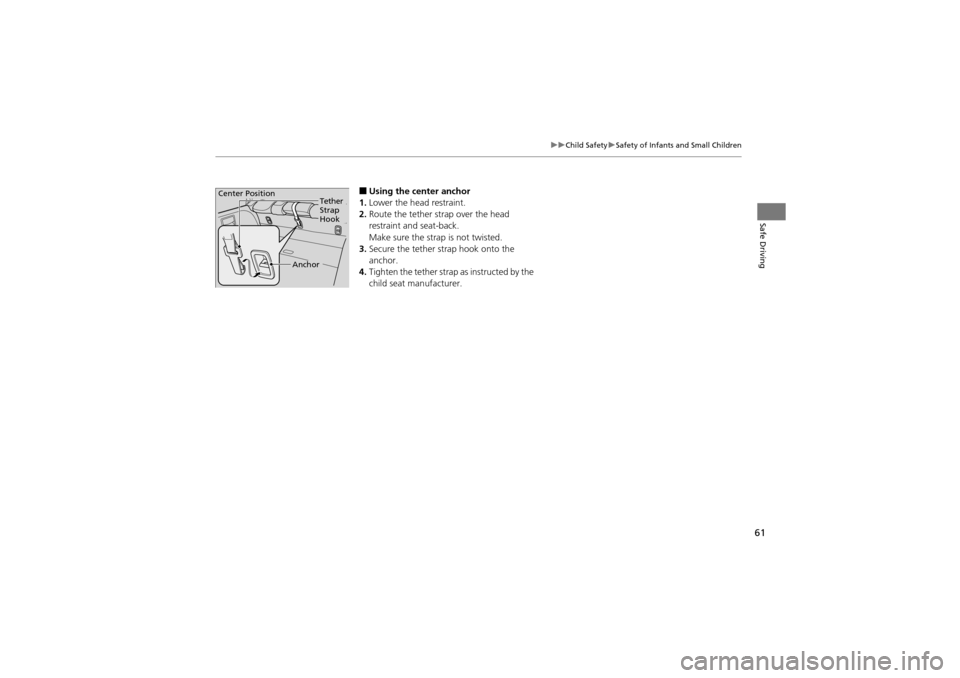 Acura ZDX 2012 Repair Manual 61
uuChild Safety uSafety of Infants and Small Children
Safe Driving
■Using the center anchor
1. Lower the head restraint.
2. Route the tether strap over the head 
restraint and seat-back.
Make sure