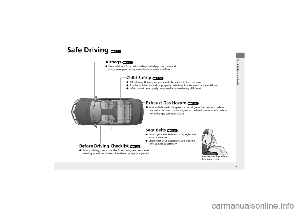 Acura ZDX 2012  Owners Manual 7
Quick Reference Guide
Safe Driving (P 21)
Airbags (P 35)
● Your vehicle is fitted with airbags to help protect you and 
your passengers during a m oderate-to-severe collision.
Child Safety (P 50)
