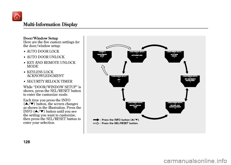 Acura ZDX 2012 Owners Manual Door/Window Setup
Here are the five custom settings for
the door/window setup:●AUTO DOOR LOCK●AUTO DOOR UNLOCK●KEY AND REMOTE UNLOCK
MODE●KEYLESS LOCK
ACKNOWLEDGMENT●SECURITY RELOCK TIMER
Wh Acura ZDX 2012 Owners Manual Door/Window Setup
Here are the five custom settings for
the door/window setup:●AUTO DOOR LOCK●AUTO DOOR UNLOCK●KEY AND REMOTE UNLOCK
MODE●KEYLESS LOCK
ACKNOWLEDGMENT●SECURITY RELOCK TIMER
Wh