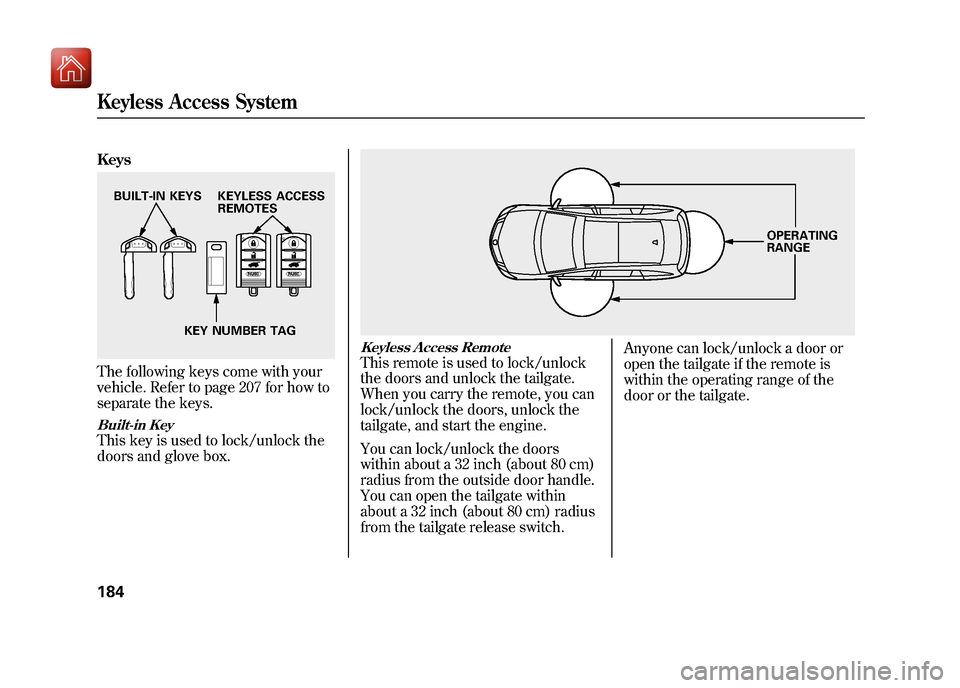 Acura ZDX 2012 Owners Manual KeysThe following keys come with your
vehicle. Refer to page 207 for how to
separate the keys.Built-in KeyThis key is used to lock/unlock the
doors and glove box.
Keyless Access RemoteThis remote is u Acura ZDX 2012 Owners Manual KeysThe following keys come with your
vehicle. Refer to page 207 for how to
separate the keys.Built-in KeyThis key is used to lock/unlock the
doors and glove box.
Keyless Access RemoteThis remote is u