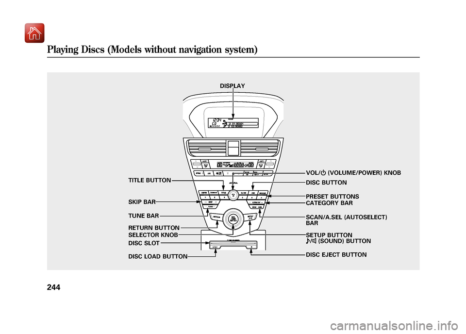 Acura ZDX 2012 Owners Guide DISPLAYSCAN/A.SEL (AUTOSELECT)
BAR
VOL/
ꂻ(VOLUME/POWER) KNOB
TUNE BAR PRESET BUTTONS
TITLE BUTTON
SKIP BAR
RETURN BUTTON
SELECTOR KNOB CATEGORY BAR
SETUP BUTTON
ꂼ
/ꂽ (SOUND) BUTTON
DISC BUTTON
D Acura ZDX 2012 Owners Guide DISPLAYSCAN/A.SEL (AUTOSELECT)
BAR
VOL/
ꂻ(VOLUME/POWER) KNOB
TUNE BAR PRESET BUTTONS
TITLE BUTTON
SKIP BAR
RETURN BUTTON
SELECTOR KNOB CATEGORY BAR
SETUP BUTTON
ꂼ
/ꂽ (SOUND) BUTTON
DISC BUTTON
D