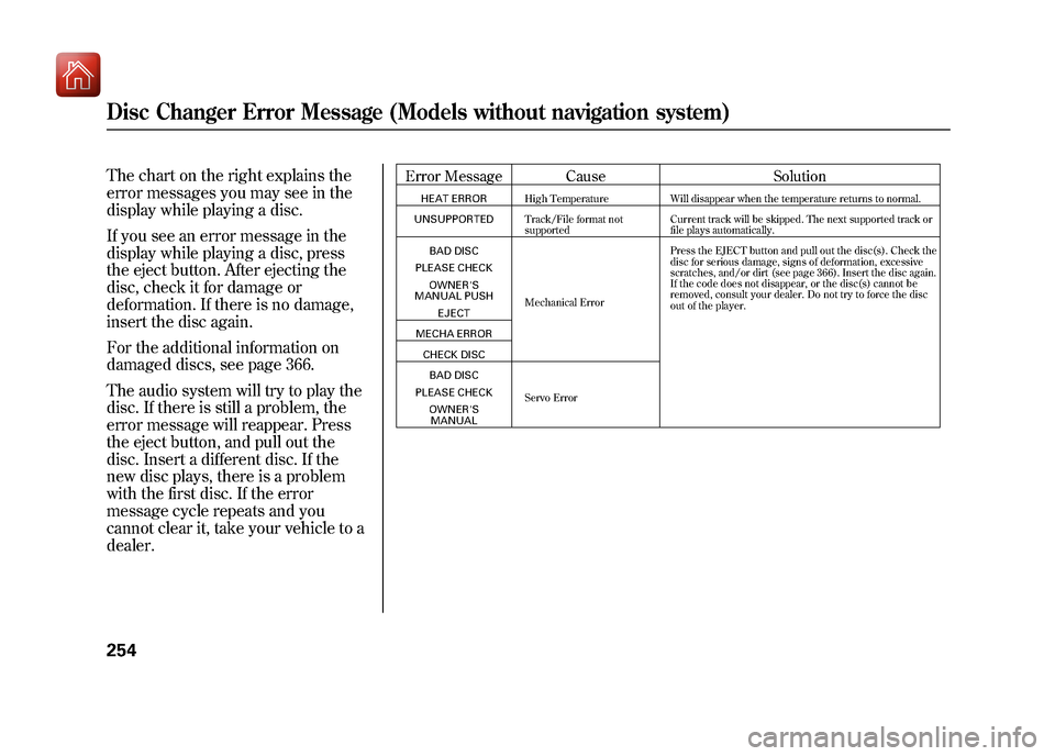 Acura ZDX 2012 Owners Manual The chart on the right explains the
error messages you may see in the
display while playing a disc.
If you see an error message in the
display while playing a disc, press
the eject button. After eject Acura ZDX 2012 Owners Manual The chart on the right explains the
error messages you may see in the
display while playing a disc.
If you see an error message in the
display while playing a disc, press
the eject button. After eject