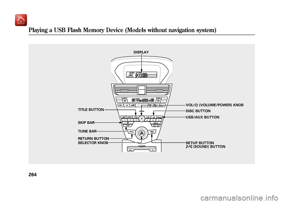Acura ZDX 2012  Owners Manual DISPLAYVOL/ꂻ(VOLUME/POWER) KNOB
TUNE BAR TITLE BUTTON
SKIP BAR
RETURN BUTTON
SELECTOR KNOB SETUP BUTTON
ꂼ/ꂽ (SOUND) BUTTON
DISC BUTTON
USB/AUX BUTTON
Playing a USB Flash Memory Device (Models wi