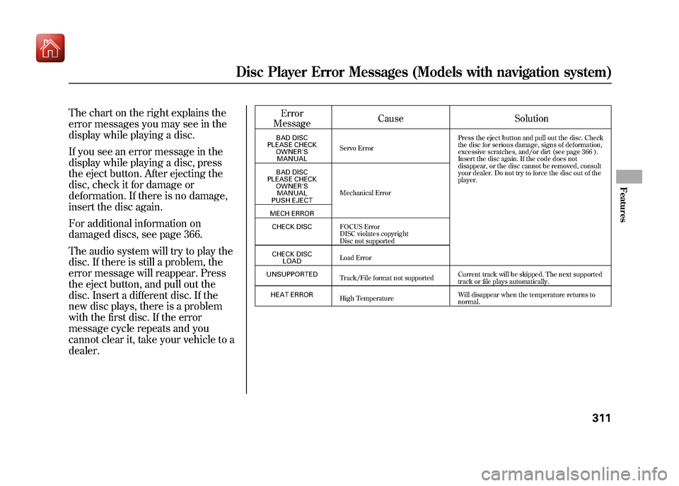 Acura ZDX 2012 Owners Manual The chart on the right explains the
error messages you may see in the
display while playing a disc.
If you see an error message in the
display while playing a disc, press
the eject button. After eject Acura ZDX 2012 Owners Manual The chart on the right explains the
error messages you may see in the
display while playing a disc.
If you see an error message in the
display while playing a disc, press
the eject button. After eject