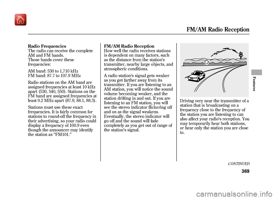 Acura ZDX 2012  Owners Manual Radio Frequencies
The radio can receive the complete
AM and FM bands.
Those bands cover these
frequencies:
AM band: 530 to 1,710 kHz
FM band: 87.7 to 107.9 MHz
Radio stations on the AM band are
assign