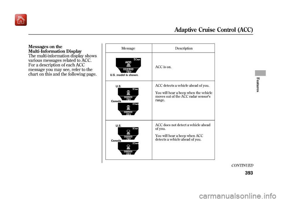 Acura ZDX 2012 Owners Manual Messages on the
Multi-Information Display
The multi-information display shows
various messages related to ACC.
For a description of each ACC
message you may see, refer to the
chart on this and the fol Acura ZDX 2012 Owners Manual Messages on the
Multi-Information Display
The multi-information display shows
various messages related to ACC.
For a description of each ACC
message you may see, refer to the
chart on this and the fol