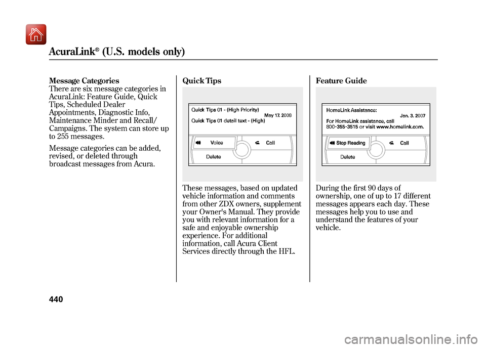 Acura ZDX 2012  Owners Manual Message Categories
There are six message categories in
AcuraLink: Feature Guide, Quick
Tips, Scheduled Dealer
Appointments, Diagnostic Info,
Maintenance Minder and Recall/
Campaigns. The system can st