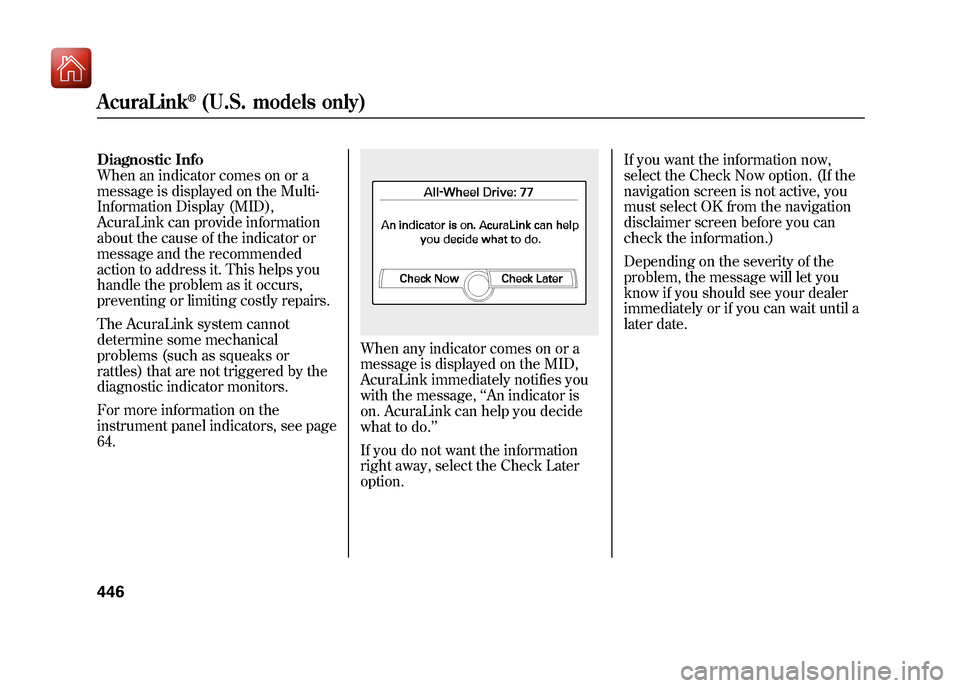 Acura ZDX 2012  Owners Manual Diagnostic Info
When an indicator comes on or a
message is displayed on the Multi-
Information Display (MID),
AcuraLink can provide information
about the cause of the indicator or
message and the reco