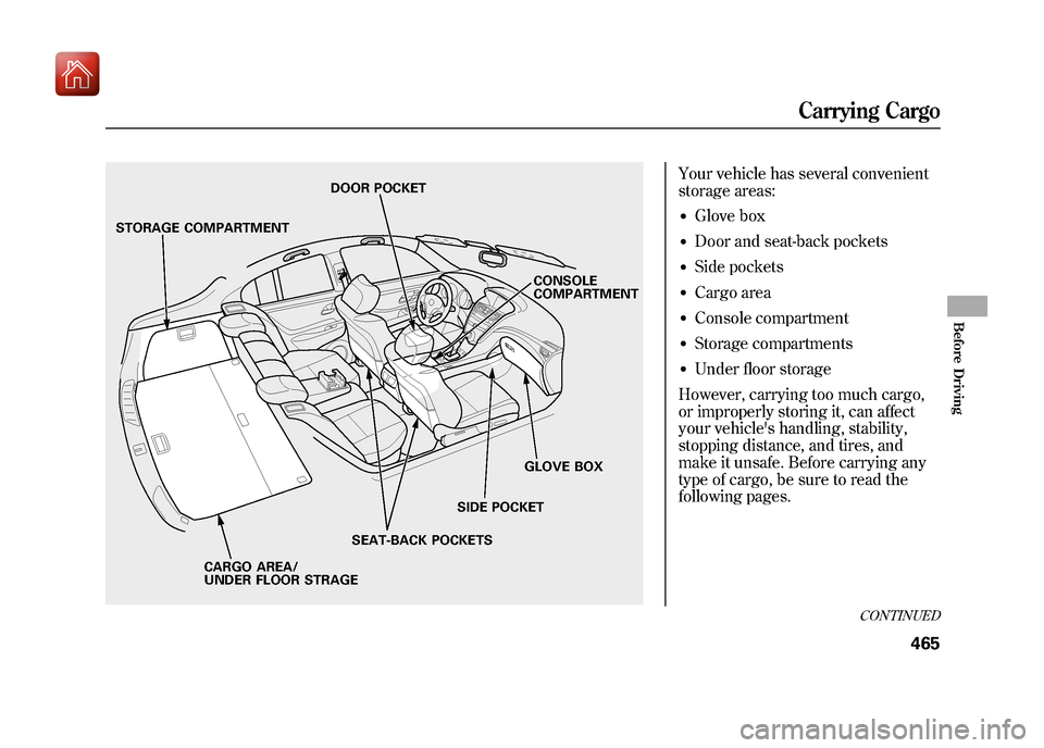 Acura ZDX 2012  Owners Manual Your vehicle has several convenient
storage areas:●Glove box●Door and seat-back pockets●Side pockets●Cargo area●Console compartment●Storage compartments●Under floor storage
However, carr