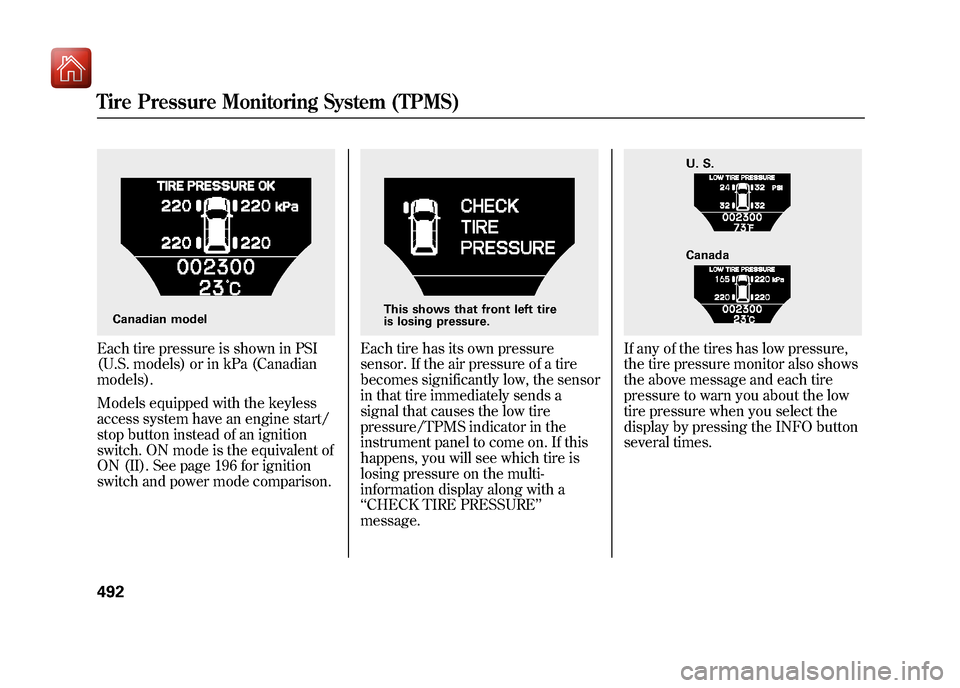 Acura ZDX 2012 Owners Guide Each tire pressure is shown in PSI
(U.S. models) or in kPa (Canadian
models).
Models equipped with the keyless
access system have an engine start/
stop button instead of an ignition
switch. ON mode is Acura ZDX 2012 Owners Guide Each tire pressure is shown in PSI
(U.S. models) or in kPa (Canadian
models).
Models equipped with the keyless
access system have an engine start/
stop button instead of an ignition
switch. ON mode is