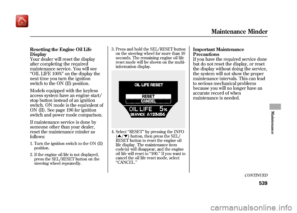 Acura ZDX 2012 User Guide Resetting the Engine Oil Life
Display
Your dealer will reset the display
after completing the required
maintenance service. You will see
‘‘OIL LIFE 100% ’’on the display the
next time you turn