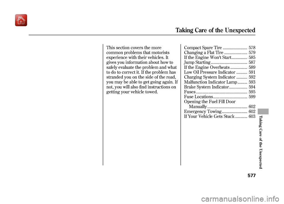 Acura ZDX 2012  Owners Manual This section covers the more
common problems that motorists
experience with their vehicles. It
gives you information about how to
safely evaluate the problem and what
to do to correct it. If the probl