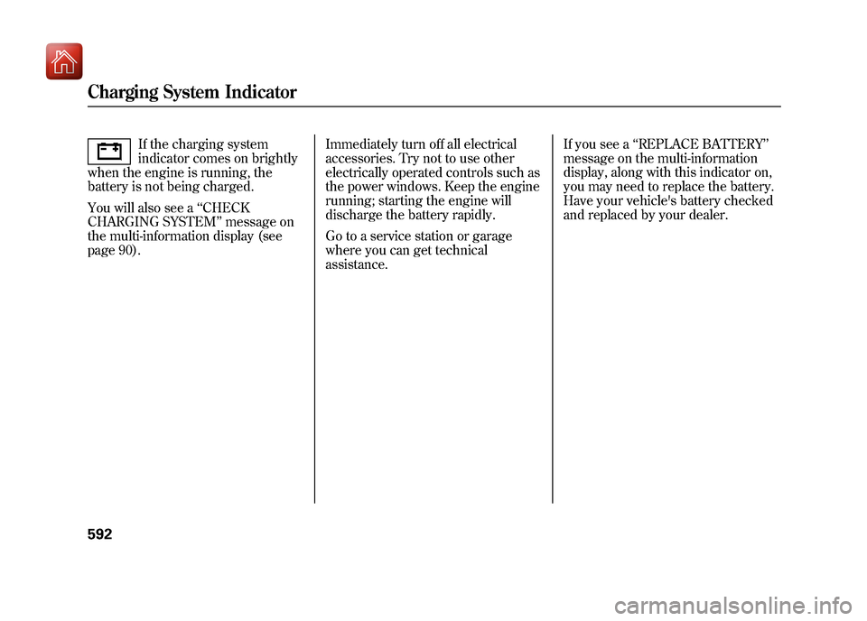 Acura ZDX 2012 Repair Manual If the charging system
indicator comes on brightly
when the engine is running, the
battery is not being charged.
You will also see a ‘‘CHECK
CHARGING SYSTEM ’’message on
the multi-information Acura ZDX 2012 Repair Manual If the charging system
indicator comes on brightly
when the engine is running, the
battery is not being charged.
You will also see a ‘‘CHECK
CHARGING SYSTEM ’’message on
the multi-information