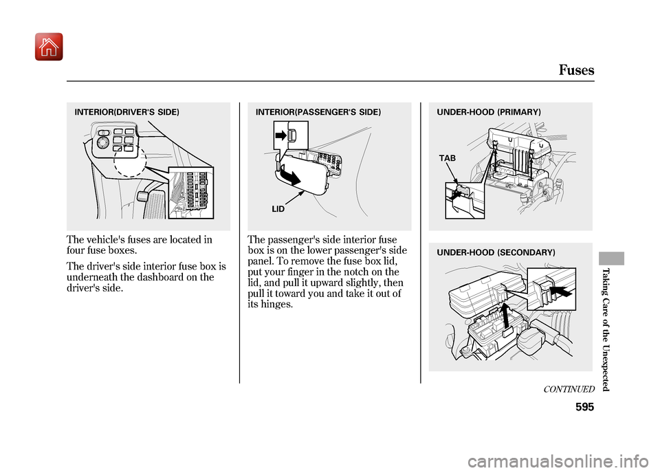 Acura ZDX 2012  Owners Manual The vehicles fuses are located in
four fuse boxes.
The drivers side interior fuse box is
underneath the dashboard on the
drivers side.
The passengers side interior fuse
box is on the lower passeng