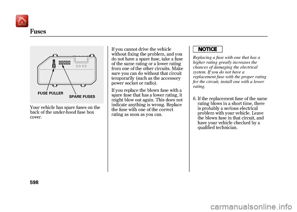 Acura ZDX 2012  Owners Manual Your vehicle has spare fuses on the
back of the under-hood fuse box
cover.If you cannot drive the vehicle
without fixing the problem, and you
do not have a spare fuse, take a fuse
of the same rating o