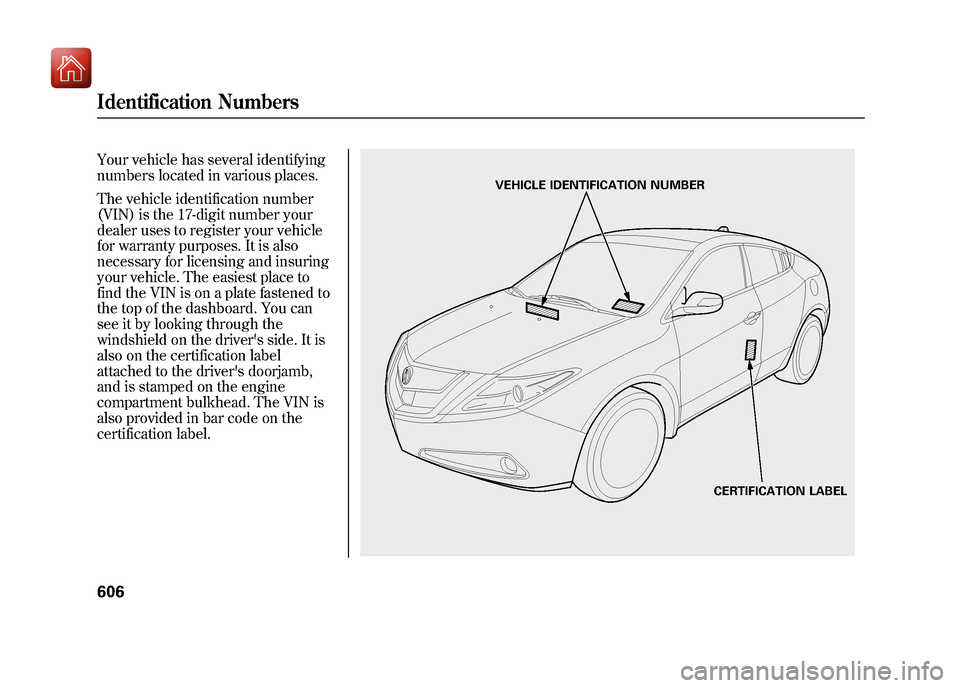 Acura ZDX 2012 User Guide Your vehicle has several identifying
numbers located in various places.
The vehicle identification number
(VIN) is the 17-digit number your
dealer uses to register your vehicle
for warranty purposes. Acura ZDX 2012 User Guide Your vehicle has several identifying
numbers located in various places.
The vehicle identification number
(VIN) is the 17-digit number your
dealer uses to register your vehicle
for warranty purposes.