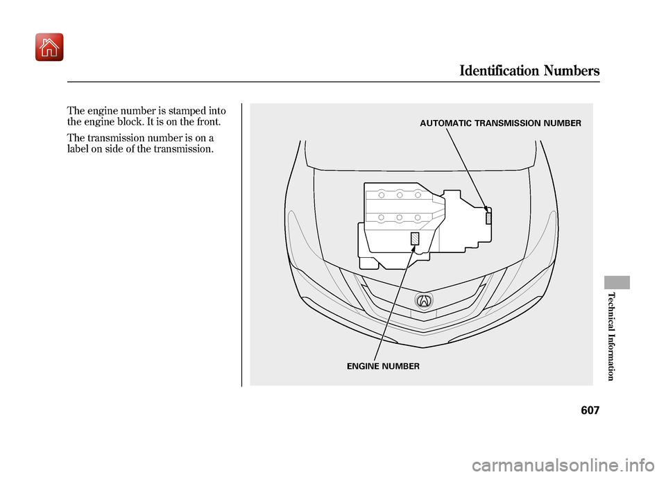 Acura ZDX 2012  Owners Manual The engine number is stamped into
the engine block. It is on the front.
The transmission number is on a
label on side of the transmission.
ENGINE NUMBERAUTOMATIC TRANSMISSION NUMBER
Identification Num