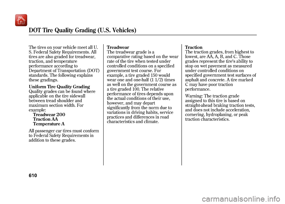 Acura ZDX 2012  Owners Manual The tires on your vehicle meet all U.
S. Federal Safety Requirements. All
tires are also graded for treadwear,
traction, and temperature
performance according to
Department of Transportation (DOT)
sta