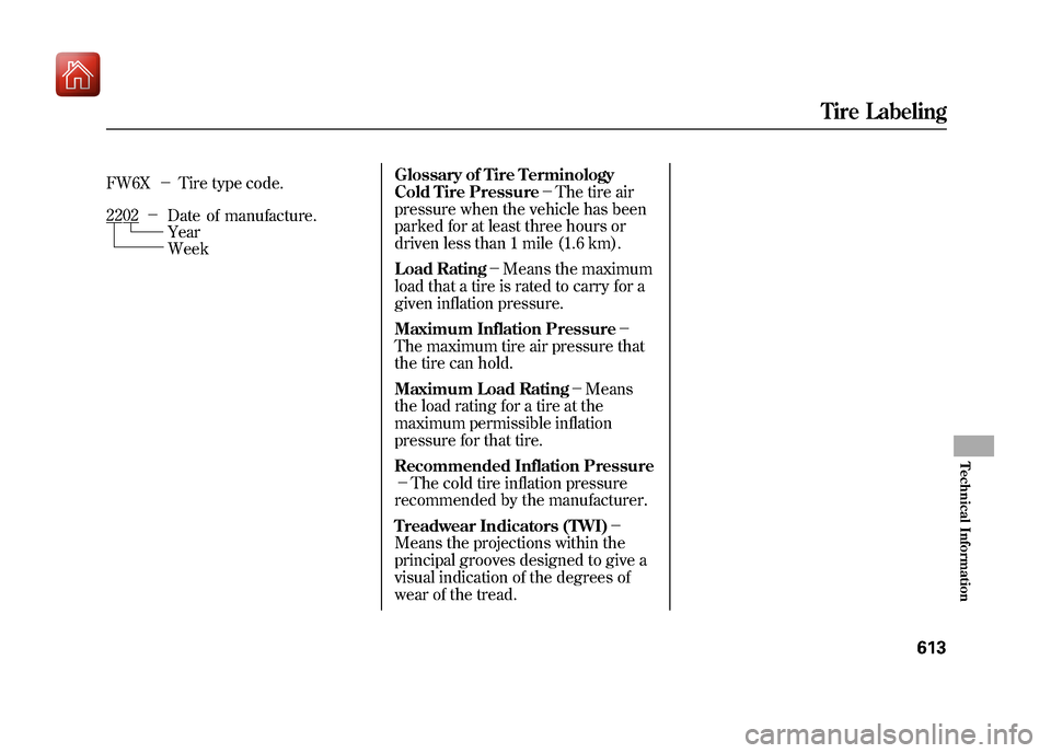 Acura ZDX 2012  Owners Manual FW6X－Tire type code. Glossary of Tire Terminology
Cold Tire Pressure
－The tire air
pressure when the vehicle has been
parked for at least three hours or
driven less than 1 mile (1.6 km).
Load Rati