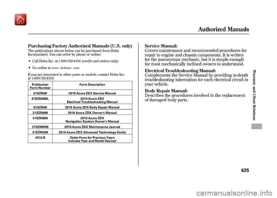 Acura ZDX 2012 Owners Manual Purchasing Factory Authorized Manuals (U.S. only)The publications shown below can be purchased from Helm
Incorporated. You can order by phone or online:●Call Helm Inc. at 1-800-782-4356 (credit card Acura ZDX 2012 Owners Manual Purchasing Factory Authorized Manuals (U.S. only)The publications shown below can be purchased from Helm
Incorporated. You can order by phone or online:●Call Helm Inc. at 1-800-782-4356 (credit card