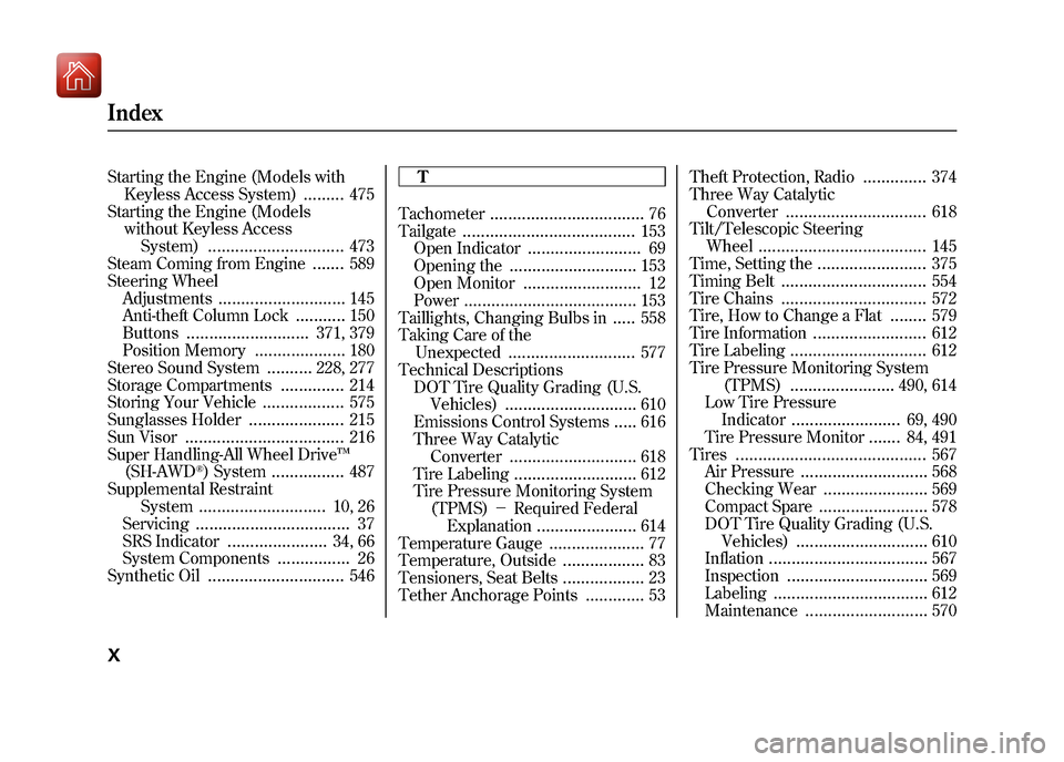 Acura ZDX 2012  Owners Manual Starting the Engine (Models withKeyless Access System)
.........
475
Starting the Engine (Models without Keyless Access
System)
..............................
473
Steam Coming from Engine
.......
589
