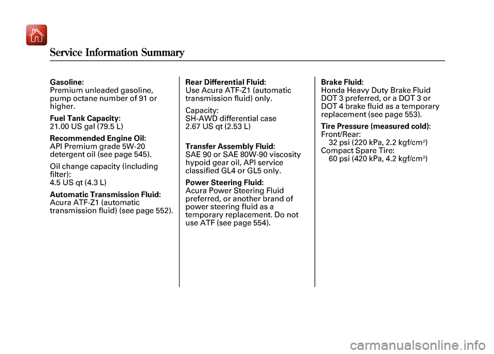 Acura ZDX 2012 Owners Manual Gasoline:
Premium unleaded gasoline,
pump octane number of 91 or
higher.
Fuel Tank Capacity:
21.00 US gal (79.5 L)
Recommended Engine Oil:
API Premium grade 5W-20
detergent oil (see page 545).
Oil cha Acura ZDX 2012 Owners Manual Gasoline:
Premium unleaded gasoline,
pump octane number of 91 or
higher.
Fuel Tank Capacity:
21.00 US gal (79.5 L)
Recommended Engine Oil:
API Premium grade 5W-20
detergent oil (see page 545).
Oil cha