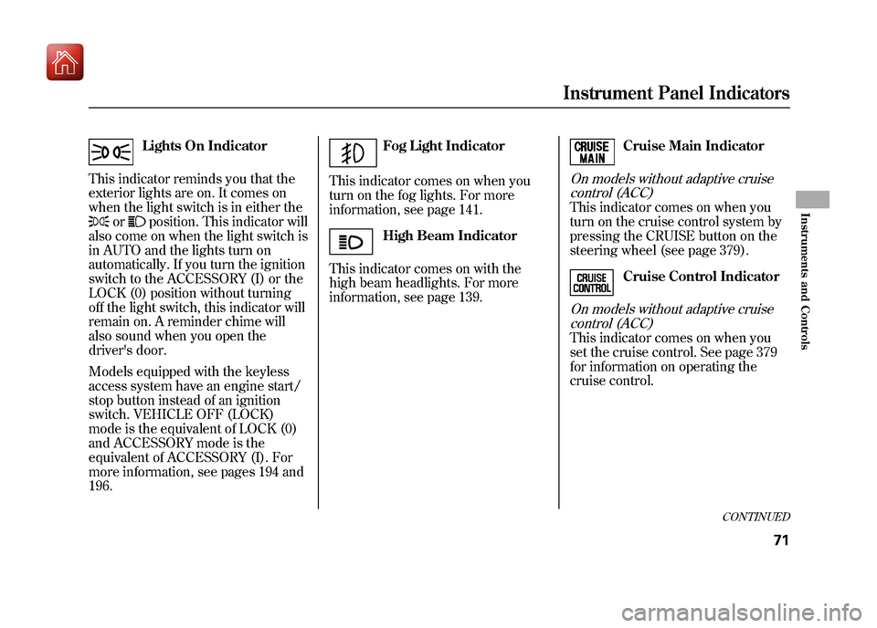 Acura ZDX 2012 Manual PDF Lights On Indicator
This indicator reminds you that the
exterior lights are on. It comes on
when the light switch is in either the
or
position. This indicator will
also come on when the light switch i