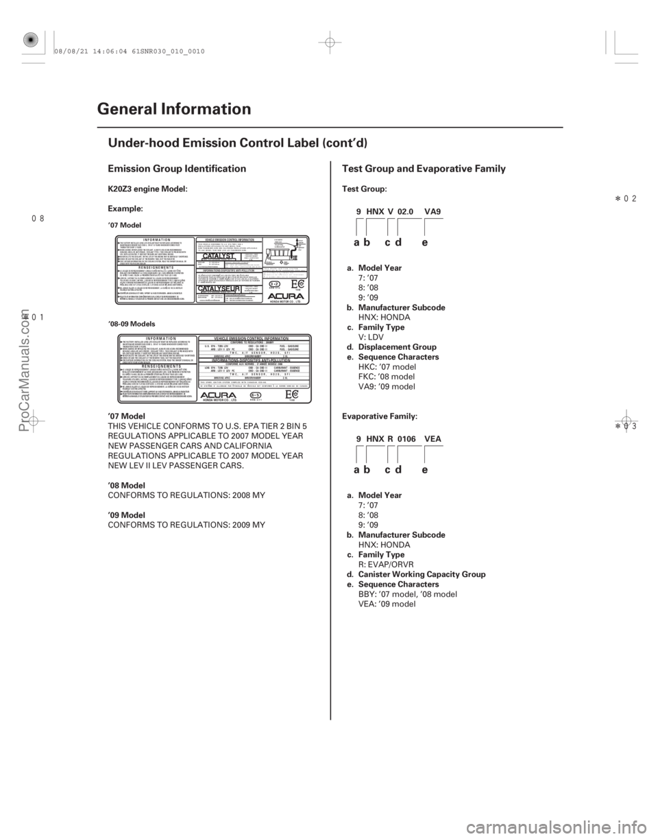 ACURA CSX 2006  Service Repair Manual 
Î
 Î
Î
(#)
¶
¶ ¶
¶
Emission Group Identification Test Group and Evaporative Family
K20Z3 engine Model:
Example:
’07 Model