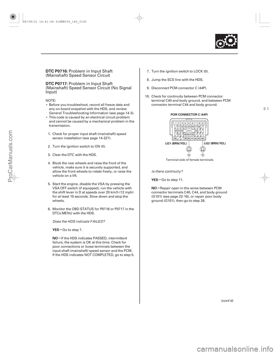 ACURA CSX 2006  Service Repair Manual 
(#
 

)
µ
µ µ
µ
DTC P0716:
DTC P0717:
YES
NO YES
NO
14-103
PCM CONNECTOR C (44P)
LG2 (BRN/YEL)
LG1 (BRN/YEL)
Problem in Input Shaft
(Mainshaft) 