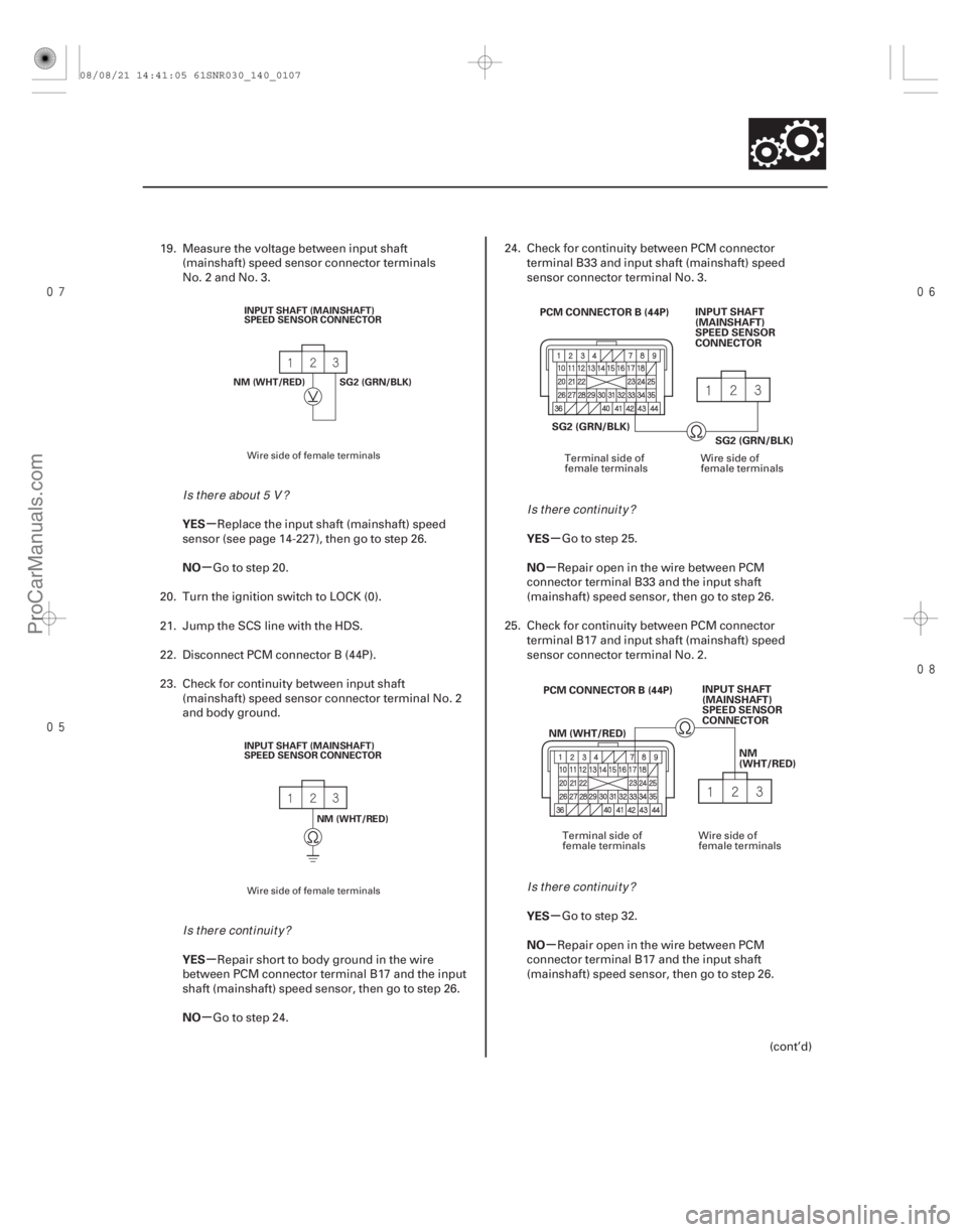 ACURA CSX 2006  Service Repair Manual 


µ
µ
µ
µ µ
µ
µ
µ
YES
NO
YES
NO YES
NO
YES
NO
14-105
INPUT SHAFT (MAINSHAFT)
SPEED SENSOR CONNECTOR
NM (WHT/RED) SG2 (GRN/BLK)
INPUT SHAFT (MAINSHAFT)
SPEED SENSOR CON