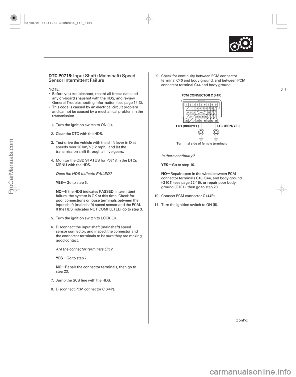 ACURA CSX 2006  Service Repair Manual 
(#
 

)
µ
µ
µ
µ µ
µ
DTC P0718:
YES
NO
YES
NO YES
NO
14-107
PCM CONNECTOR C (44P)
LG2 (BRN/YEL)
LG1 (BRN/YEL)
Input Shaft (Mainshaft) Speed
S