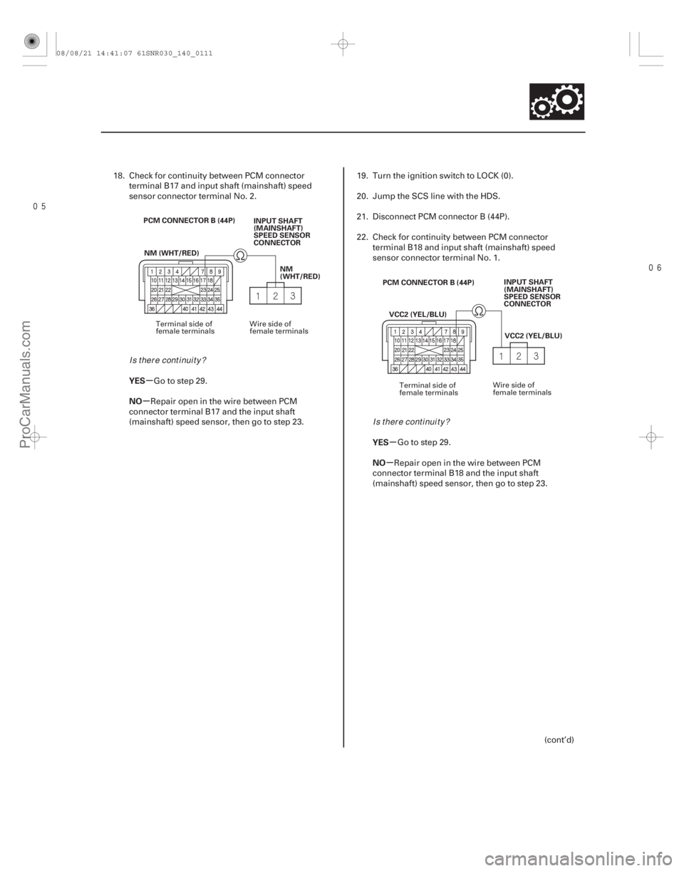 ACURA CSX 2006  Service Repair Manual 
µ
µ
µ
µ
YES
NO
YES
NO
14-109
INPUT SHAFT
(MAINSHAFT)
SPEED SENSOR
CONNECTOR
PCM CONNECTOR B (44P)
NM (WHT/RED) NM
(WHT/RED) INPUT SHAFT
(MAINSHAFT)
SPEED SENSOR
CONNECTOR
VCC2 (YEL/BL